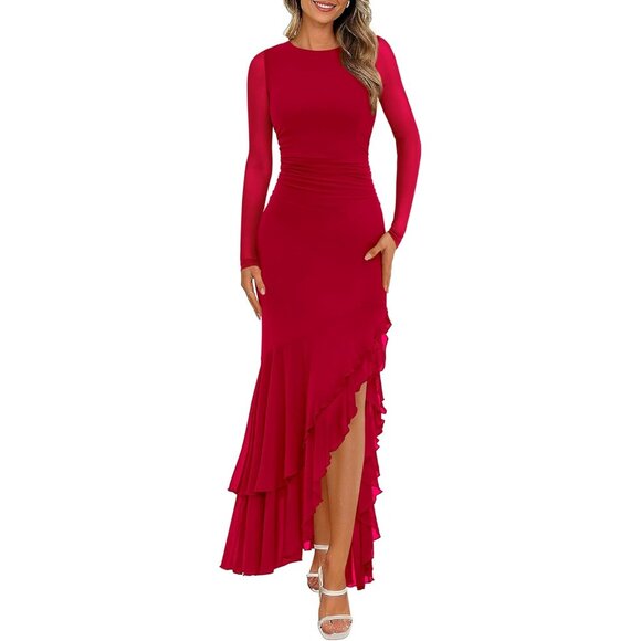 Women's Maxi Dresses Spring 2026 Long Sleeve Ruched Bodycon Solid Ruffle  Mermaid